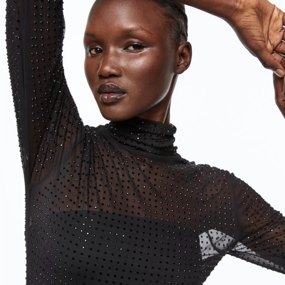 H&M black Rhinestone Sheer body suit sz XL NWT